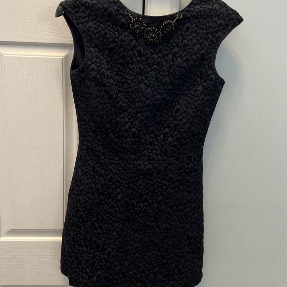 Black Textured Sleeveless Sheath Dress with Beaded Neckline